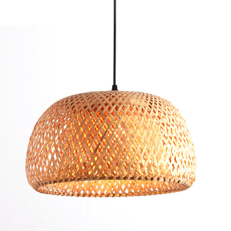 12“/15”/18“ Wide Domed Shaped Pendant Lighting Fixture Bamboo 1 Light Living Room Hanging Lamp Kit in Beige