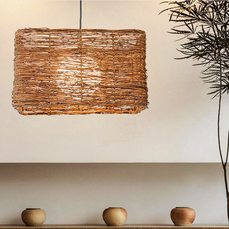 Asia Rectangle Rattan Pendant Lighting Fixture 1 Light Hanging Light Kit in Brown for Dining Room