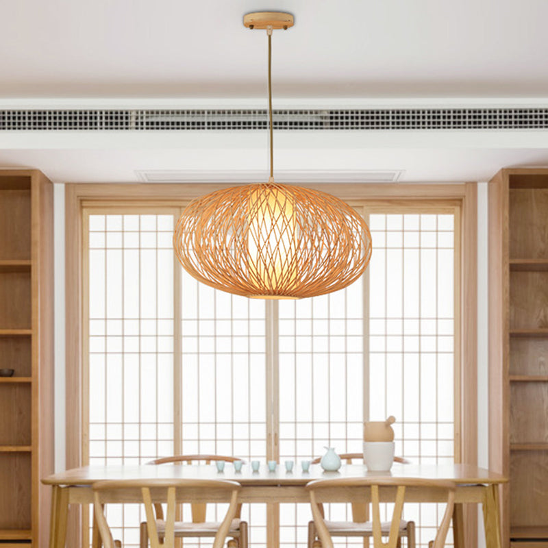 Cross Woven Pendant Lighting Fixture Modern Bamboo 1 Light Beige Hanging Lamp Kit for Dining Room
