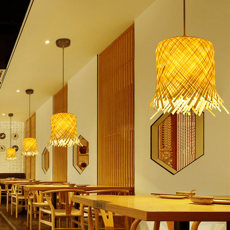 Asia Fringe Pendant Lighting Fixture Bamboo 1 Light  Kitchen Hanging Lamp Kit in Beige