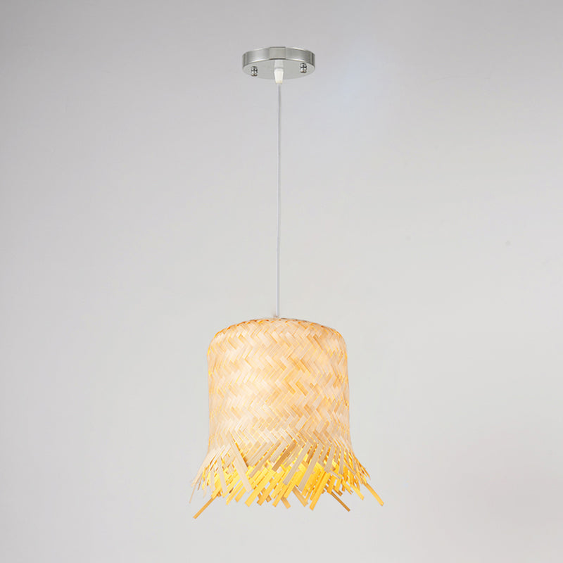 Asia Fringe Pendant Lighting Fixture Bamboo 1 Light  Kitchen Hanging Lamp Kit in Beige