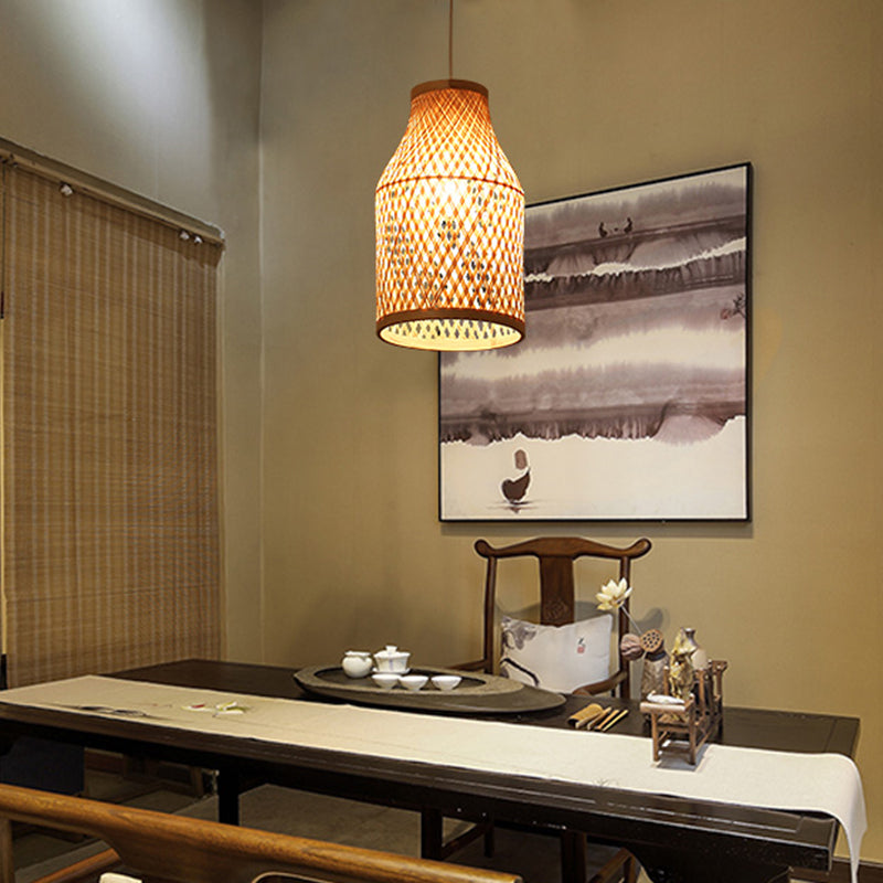 Beige Bottle Pendant Ceiling Light Modern 1 Light Bamboo Hanging Lamp Kit for Indoor