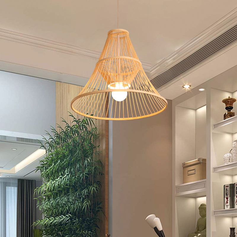 Tapered Bamboo Hanging Light Fixture  Asia 1 Light Beige Suspension Pendant Light for Bedroom