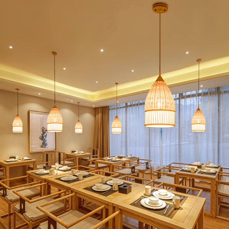 1 Light Dining Room Pendant Lamp Asia Beige Ceiling Light with Elongated Bamboo Shade