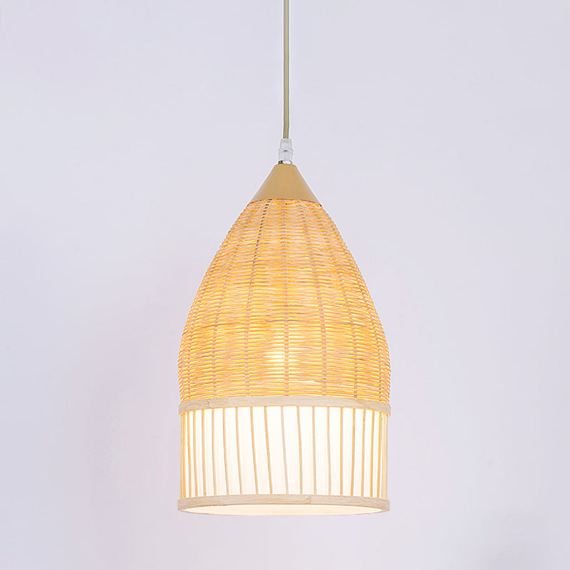 1 Light Dining Room Pendant Lamp Asia Beige Ceiling Light with Elongated Bamboo Shade