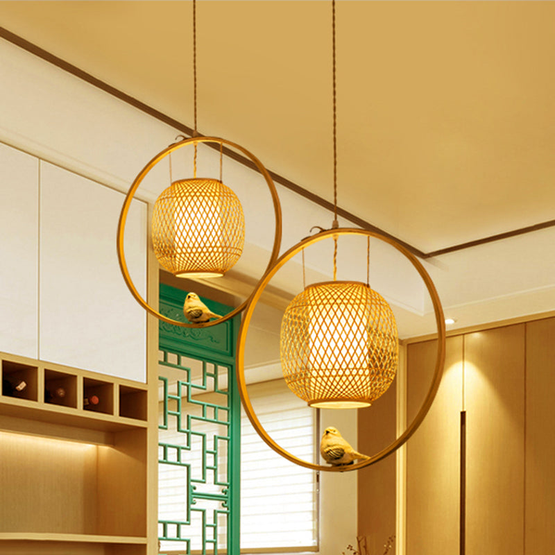 Modern Globe Bamboo Ceiling Light 1 Light Hanging Lamp Kit in Beige with Bird Deco