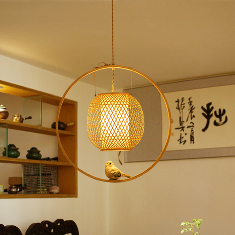 Modern Globe Bamboo Ceiling Light 1 Light Hanging Lamp Kit in Beige with Bird Deco