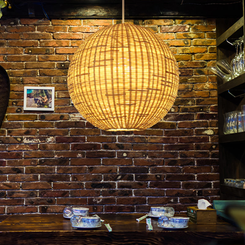 16"/19.5" Wide 1 Light Dining Room Ceiling Light Asia Beige Suspension Pendant with Globe Bamboo Shade