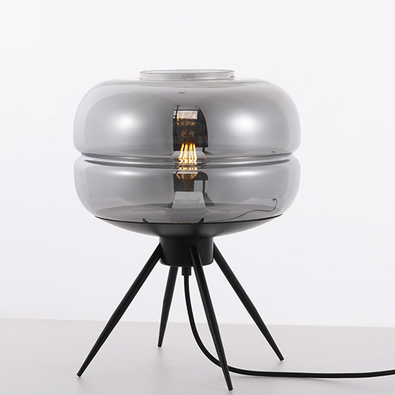 Round Bedside Small Desk Lamp Smoke Gray/Amber/Blue Glass 1 Light Modern Style Reading Book Light in Black with Tripod