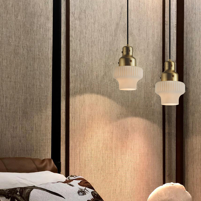 White Glass Jar Hanging Light Modernist 1 Head Pendant Lighting Fixture in Gold for Bedroom