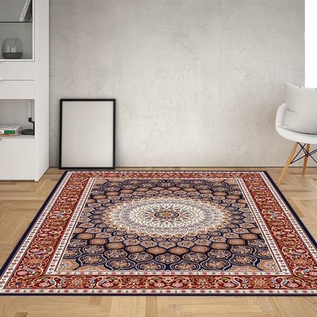 Red Tone Octagonal Flower Rug Polyester Distressed Carpet Anti-Slip Backing Indoor Rug for Living Room