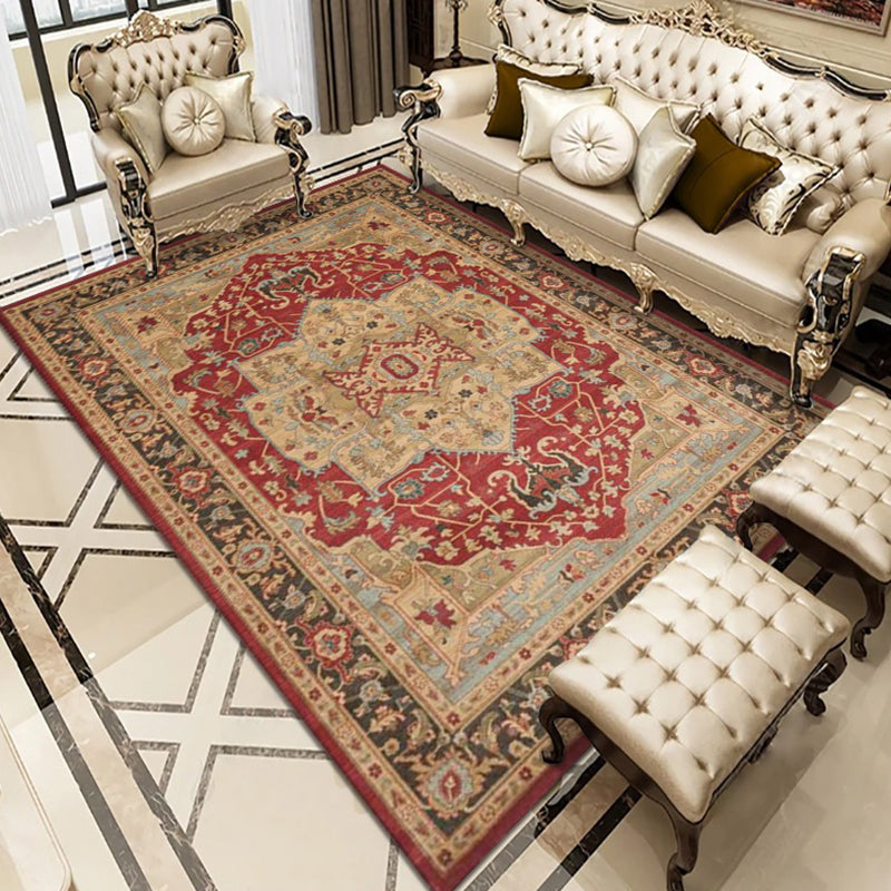 Red Tone Moroccan Rug Polyester Carpet Symmetrical pattern Indoor Rug Stain Resistant for Living Room