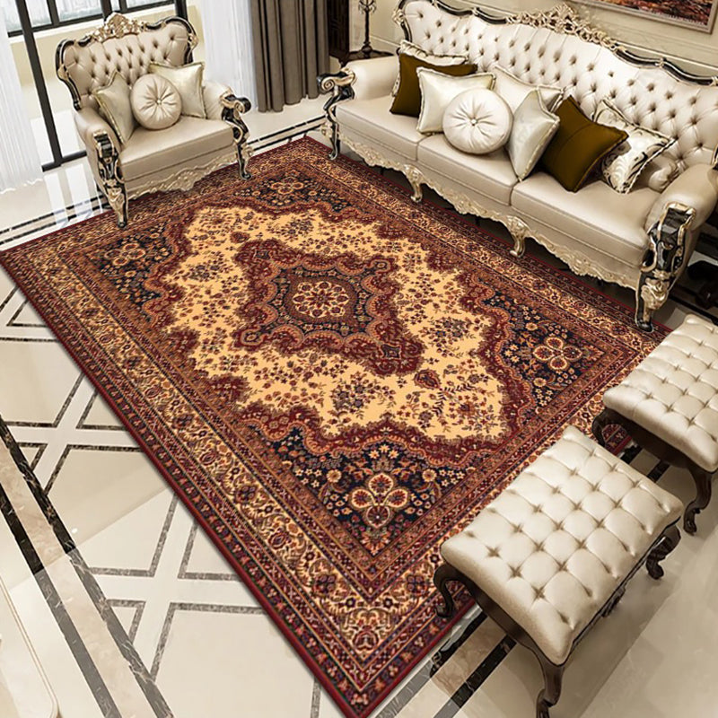 Red Tone Moroccan Rug Polyester Carpet Symmetrical pattern Indoor Rug Stain Resistant for Living Room