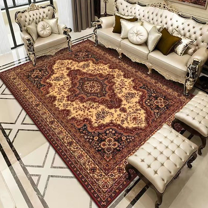 Retro Moroccan Print Area Carpet Red Tone Polyester Rug Washable Carpet for Home Decoration