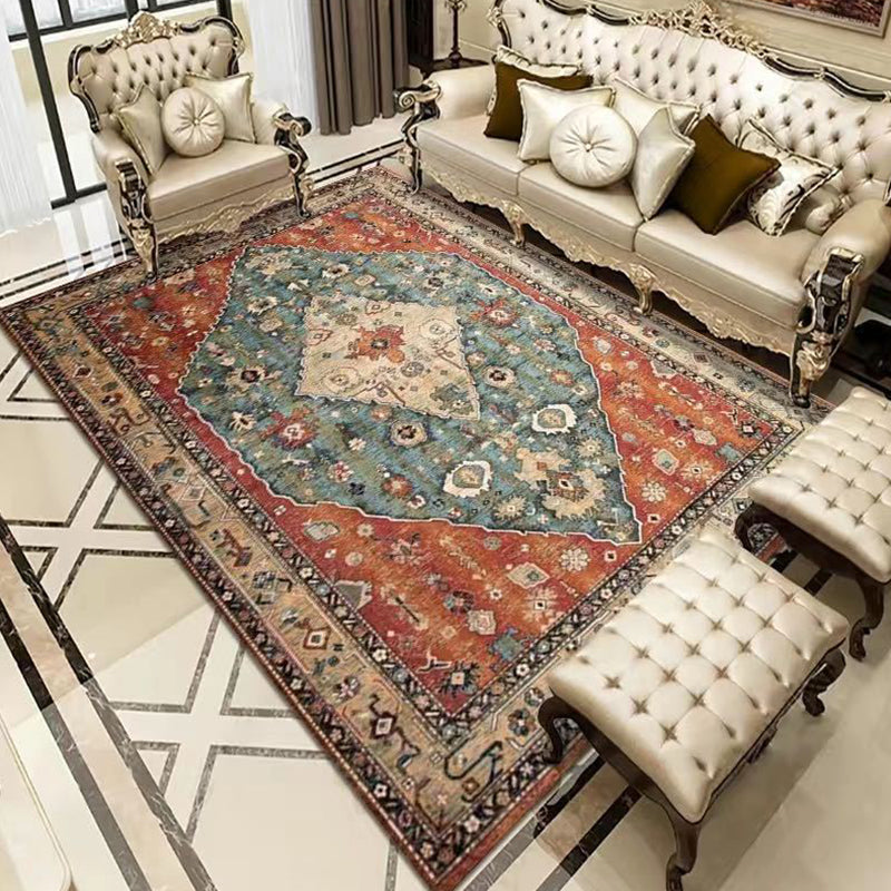 Retro Moroccan Print Area Carpet Red Tone Polyester Rug Washable Carpet for Home Decoration