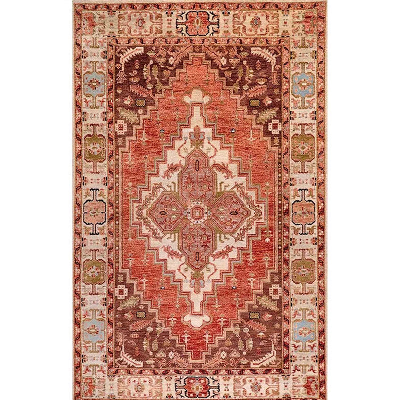 Red Tone Traditional Area Carpet Polyester Moroccan Print Indoor Rug Easy Care Carpet for Living Room