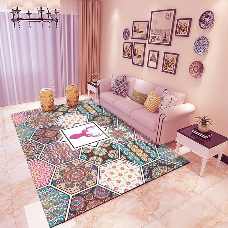 Soft Multicolor Retro Carpet Polyester Moroccan Tile Indoor Rug Washable Rug for Living Room