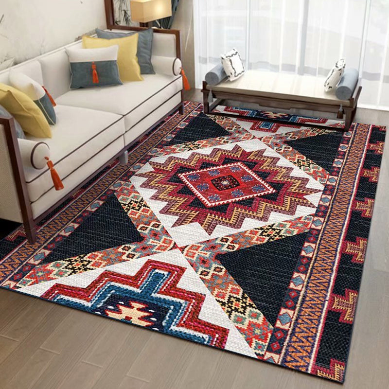 Red Moroccan Indoor Rug Polyester Moroccan Print Rug Non-Slip Backing Indoor Rug for Living Room
