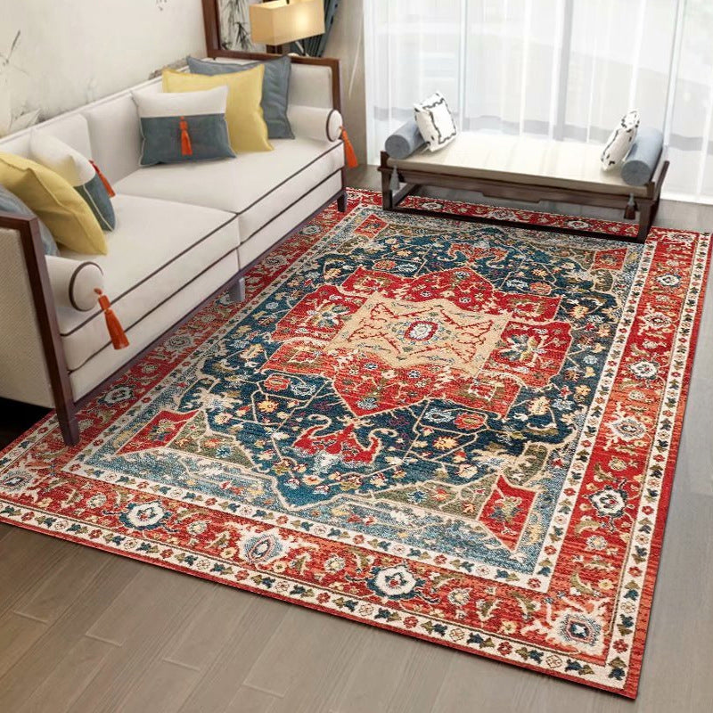Red Moroccan Indoor Rug Polyester Moroccan Print Rug Non-Slip Backing Indoor Rug for Living Room