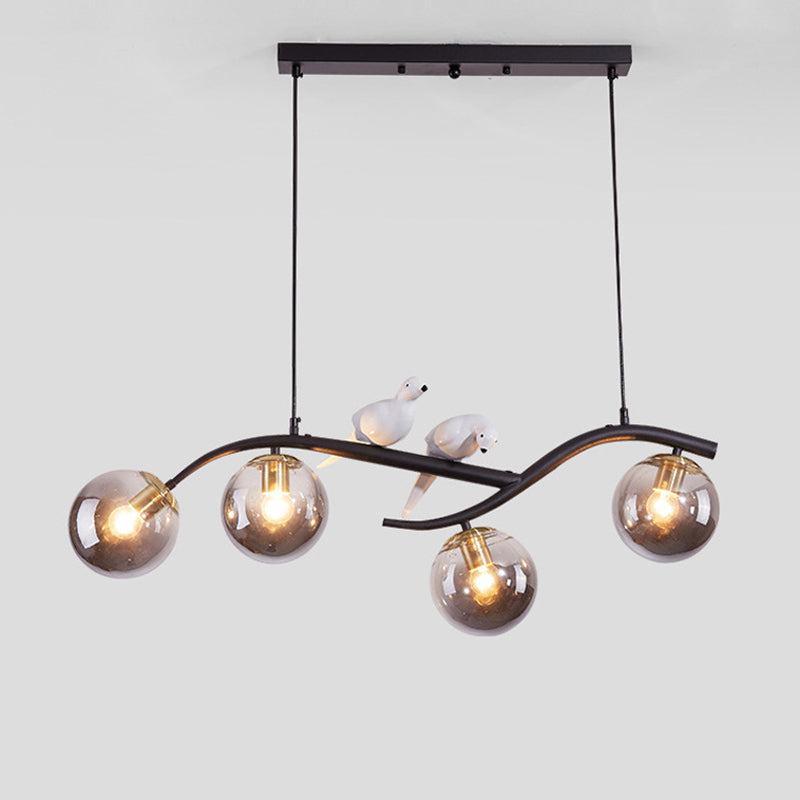 Wrought Iron Island Pendant Light in Modern Luxury Style Glass Sputnik Ceiling Light with Resin Bird Decoration