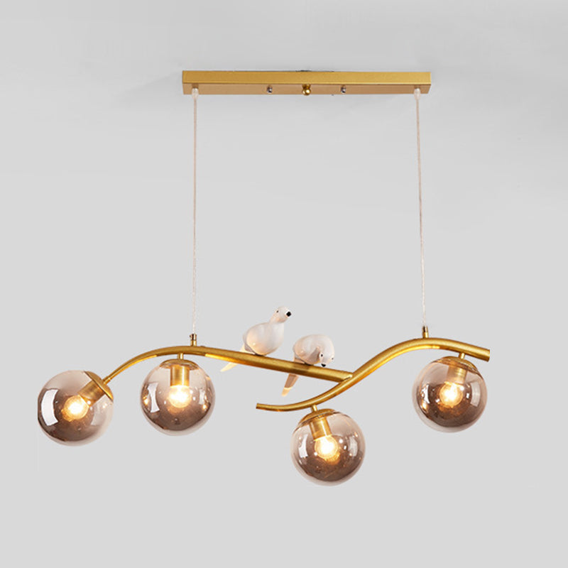 Wrought Iron Island Pendant Light in Modern Luxury Style Glass Sputnik Ceiling Light with Resin Bird Decoration