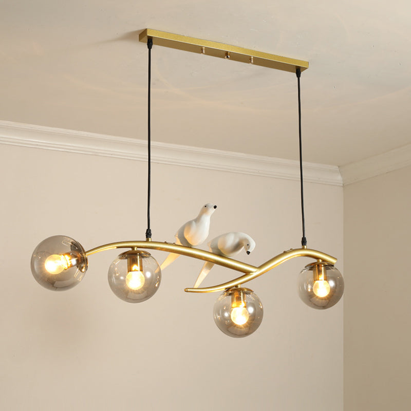 Wrought Iron Island Pendant Light in Modern Luxury Style Glass Sputnik Ceiling Light with Resin Bird Decoration