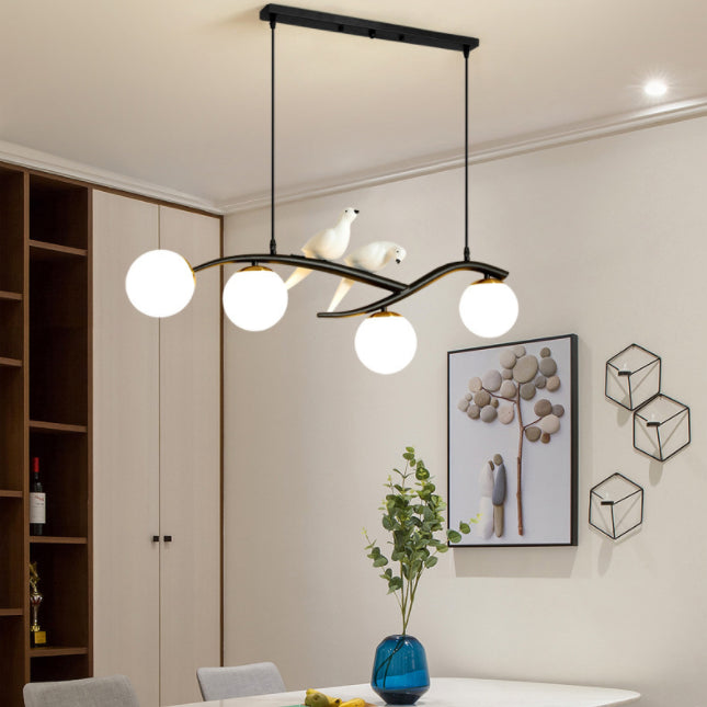 Wrought Iron Island Pendant Light in Modern Luxury Style Glass Sputnik Ceiling Light with Resin Bird Decoration