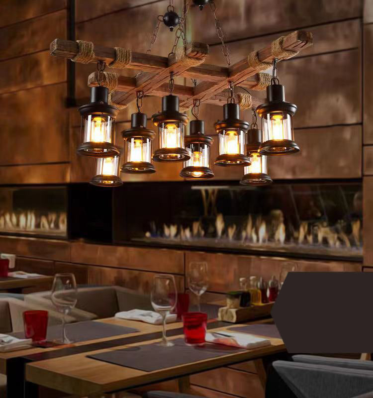 Candelera de sputnik de 8 luces en luz de madera de estilo industrial de estilo vintage para cafetería