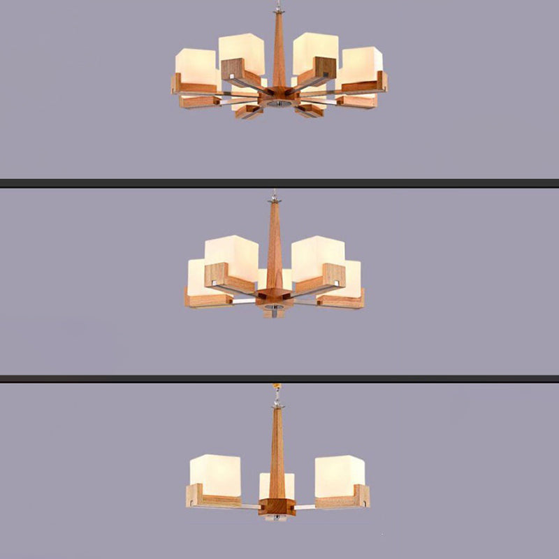 Modern Singularity Radial Pendant Light Wooden Indoor Chandelier with White Frosted Glass Shade