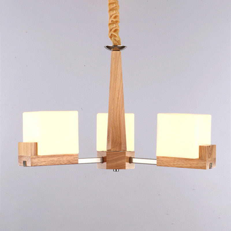 Modern Singularity Radial Pendant Light Wooden Indoor Chandelier with White Frosted Glass Shade