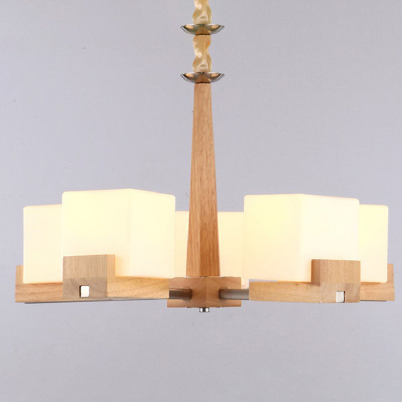 Modern Singularity Radial Pendant Light Wooden Indoor Chandelier with White Frosted Glass Shade