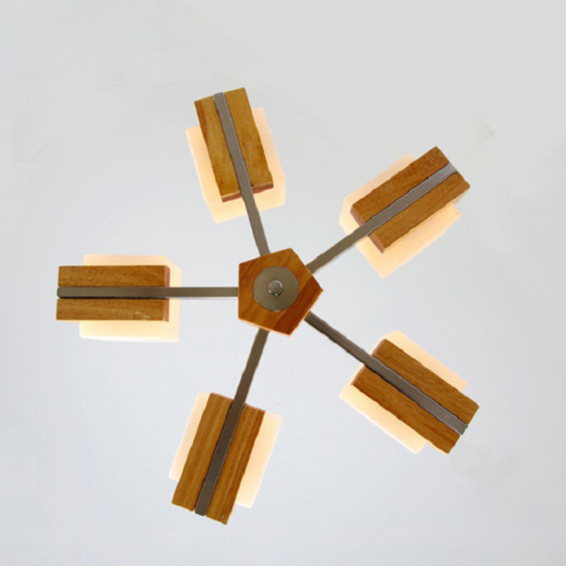 Modern Singularity Radial Pendant Light Wooden Indoor Chandelier with White Frosted Glass Shade
