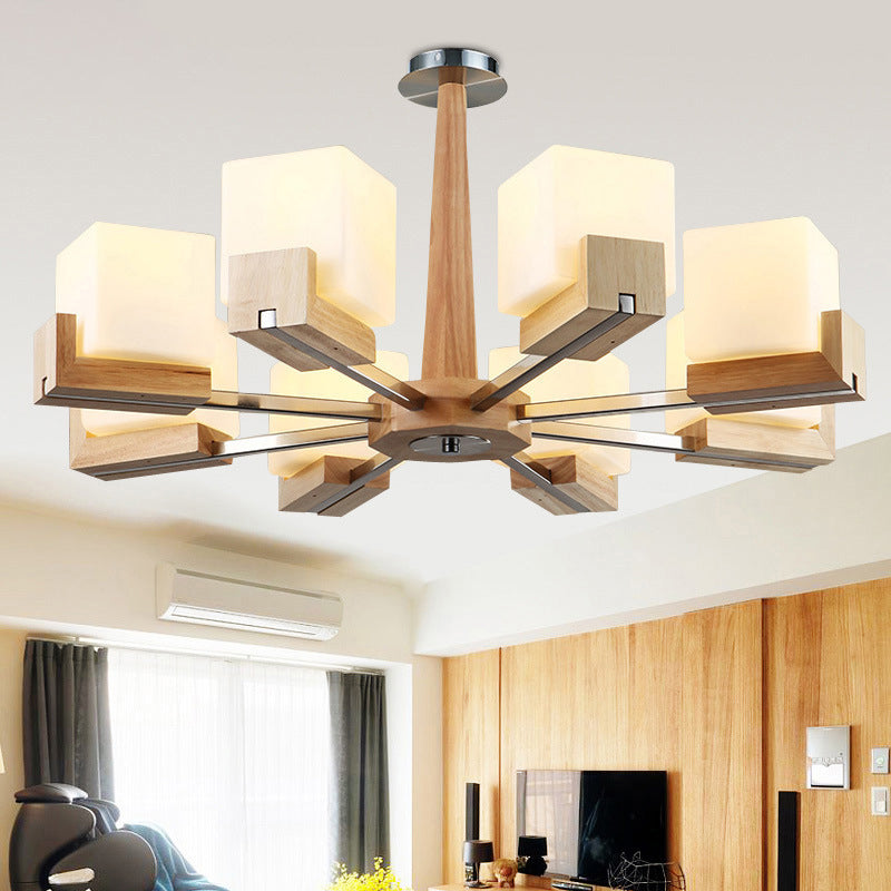 Wooden Sputnik Pendant Light in Modern Minimalist Style Frosted Glass Hanging Lamp for Dining Room