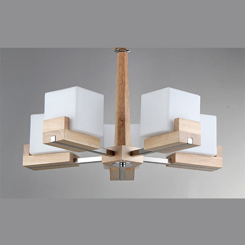 Wooden Sputnik Pendant Light in Modern Minimalist Style Frosted Glass Hanging Lamp for Dining Room