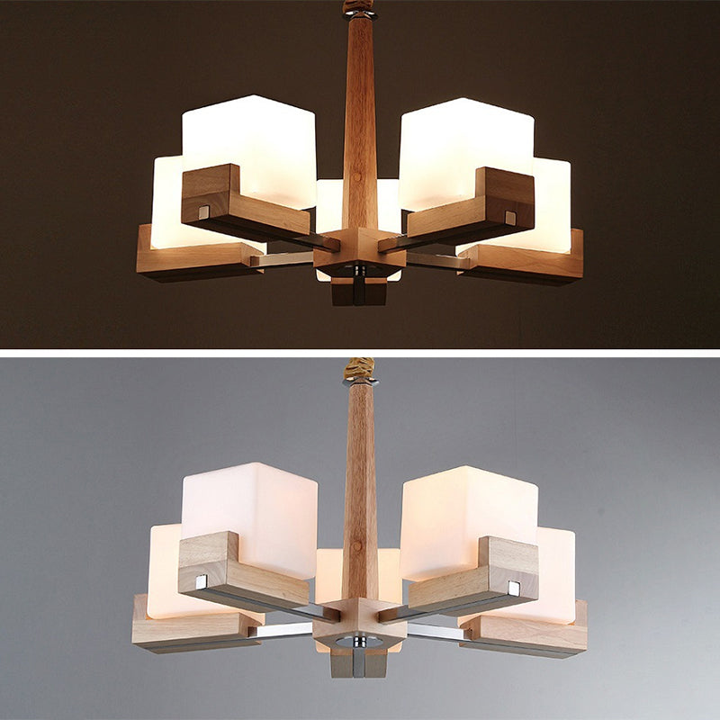 Wooden Sputnik Pendant Light in Modern Minimalist Style Frosted Glass Hanging Lamp for Dining Room