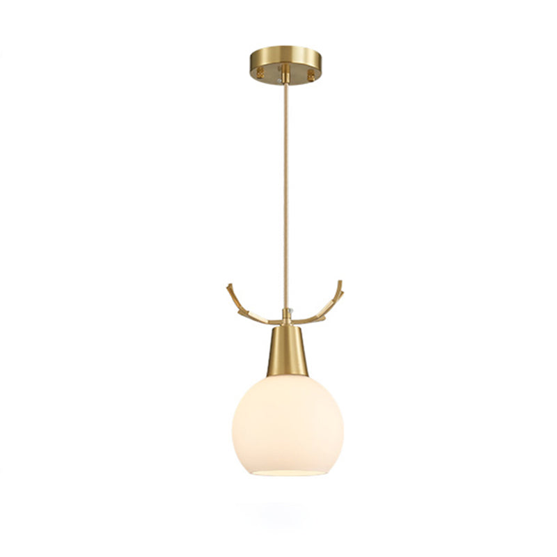 Brass Antler Pendant Light Nordic Style Metal Hanging Light with Dome Milk Glass Shade
