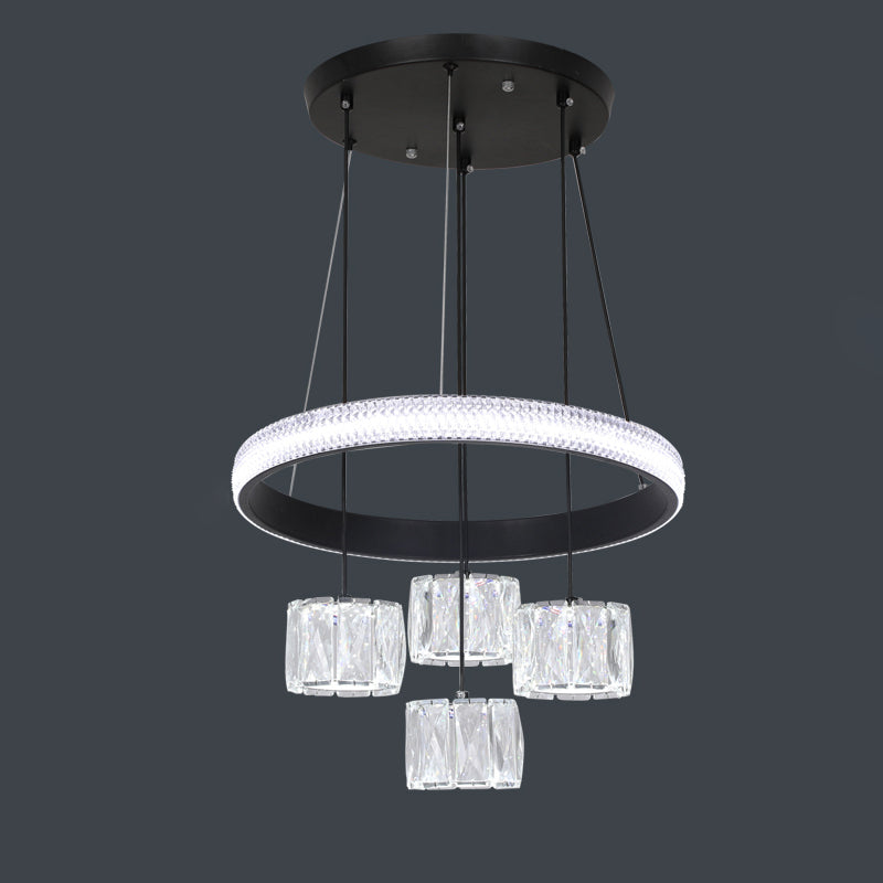 Cylindrical Crystal Suspension Lamp Contemporary Black LED Ceiling Pendant for Dining Room