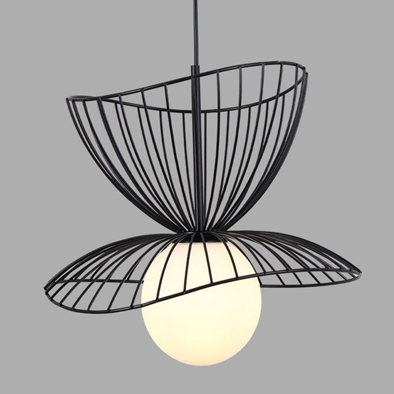 Designer Ball Suspension Lighting White Glass 1-Light Living Room Pendant Light with Wire Cage