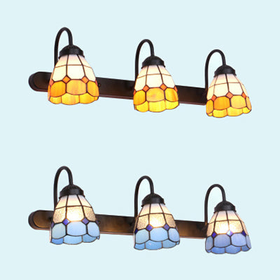 Grid Patterned Vanity Lighting Tiffany Blue/Yellow Glass 3 Heads Antique Brass Wall Mounted Light