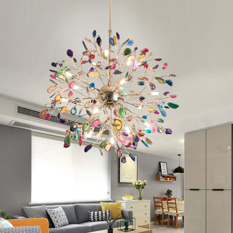 Wrought Iron Firefly Pendant Light in Modern Creative Style Sputnik Adjustable Chandelier with Agate Shade