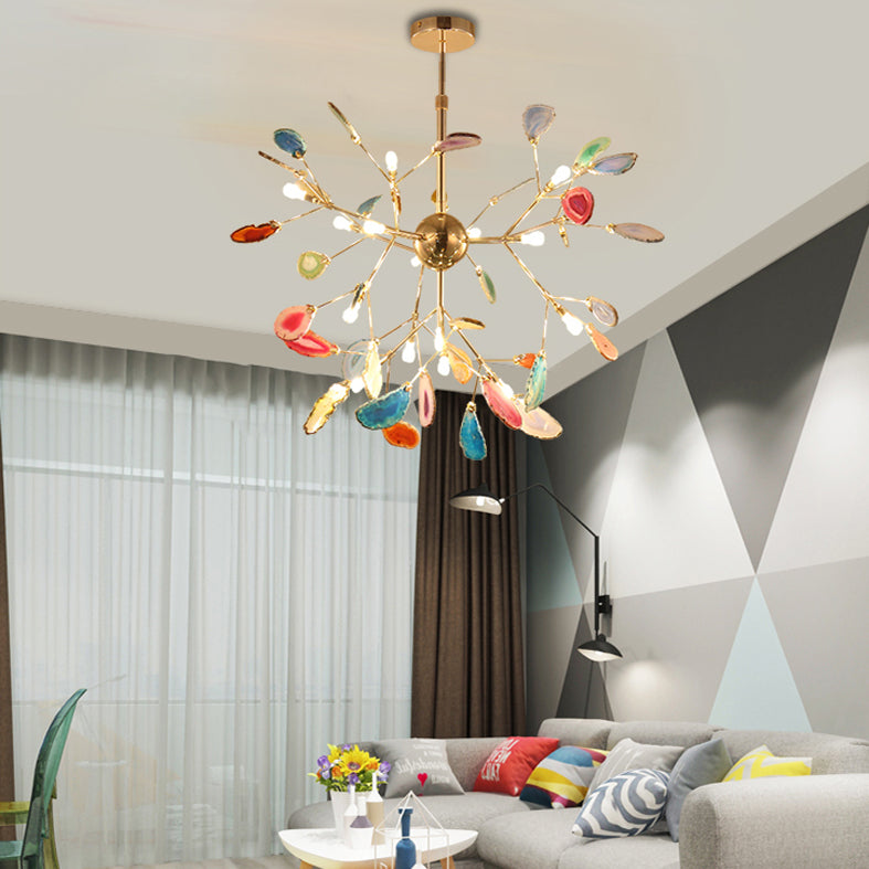 Wrought Iron Firefly Pendant Light in Modern Creative Style Sputnik Adjustable Chandelier with Agate Shade
