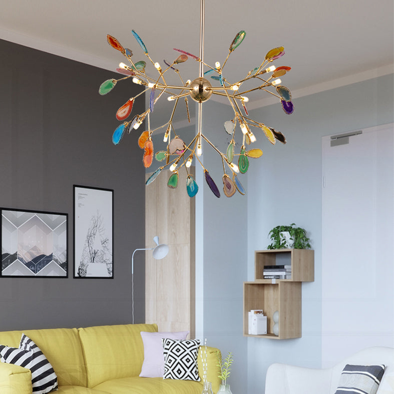 Wrought Iron Firefly Pendant Light in Modern Creative Style Sputnik Adjustable Chandelier with Agate Shade