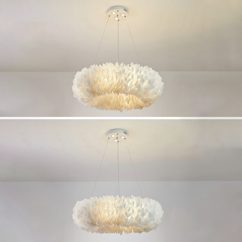 Feather Circle Chandelier Light Fixture Nordic Pendant Lighting Fixture in White