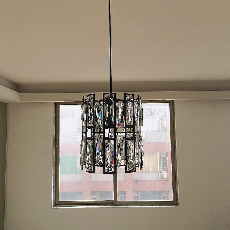 Modern Shaded Hanging Lamp Crystal Rectangles Dining Room Pendant Light in Black
