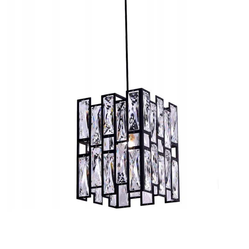 Modern Shaded Hanging Lamp Crystal Rectangles Dining Room Pendant Light in Black