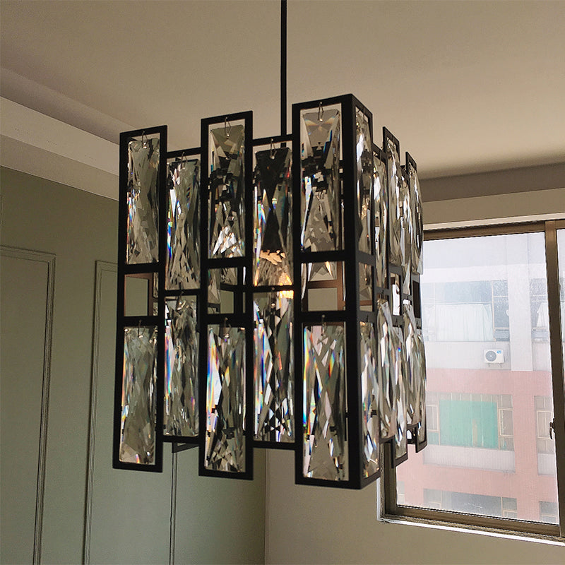 Modern Shaded Hanging Lamp Crystal Rectangles Dining Room Pendant Light in Black