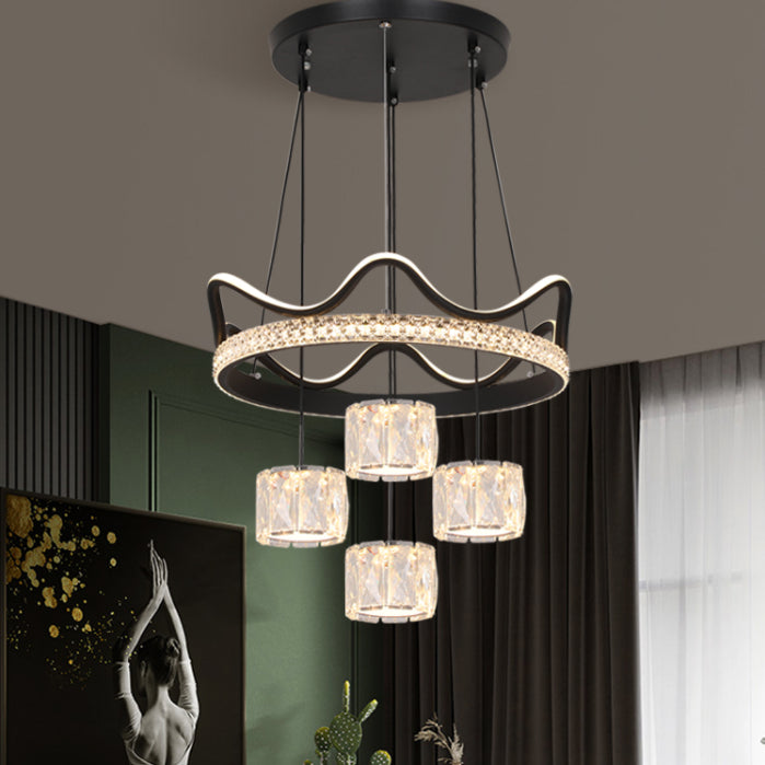 Cilindrische kristallen suspensielamp eigentijdse zwarte led plafond hanger voor eetkamer