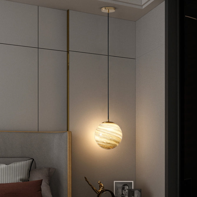 Stained Glass Planet Hanging Lamp Minimalist 1-Light Down Lighting Pendant for Bedroom