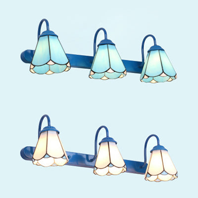 Conical Vanity Light Fixture Tiffany White/Blue Glass 3 Heads Wall Mount Light for Bathroom
