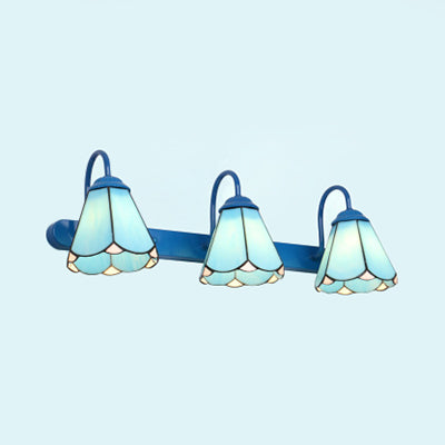 Conical Vanity Light Fixture Tiffany White/Blue Glass 3 Heads Wall Mount Light for Bathroom